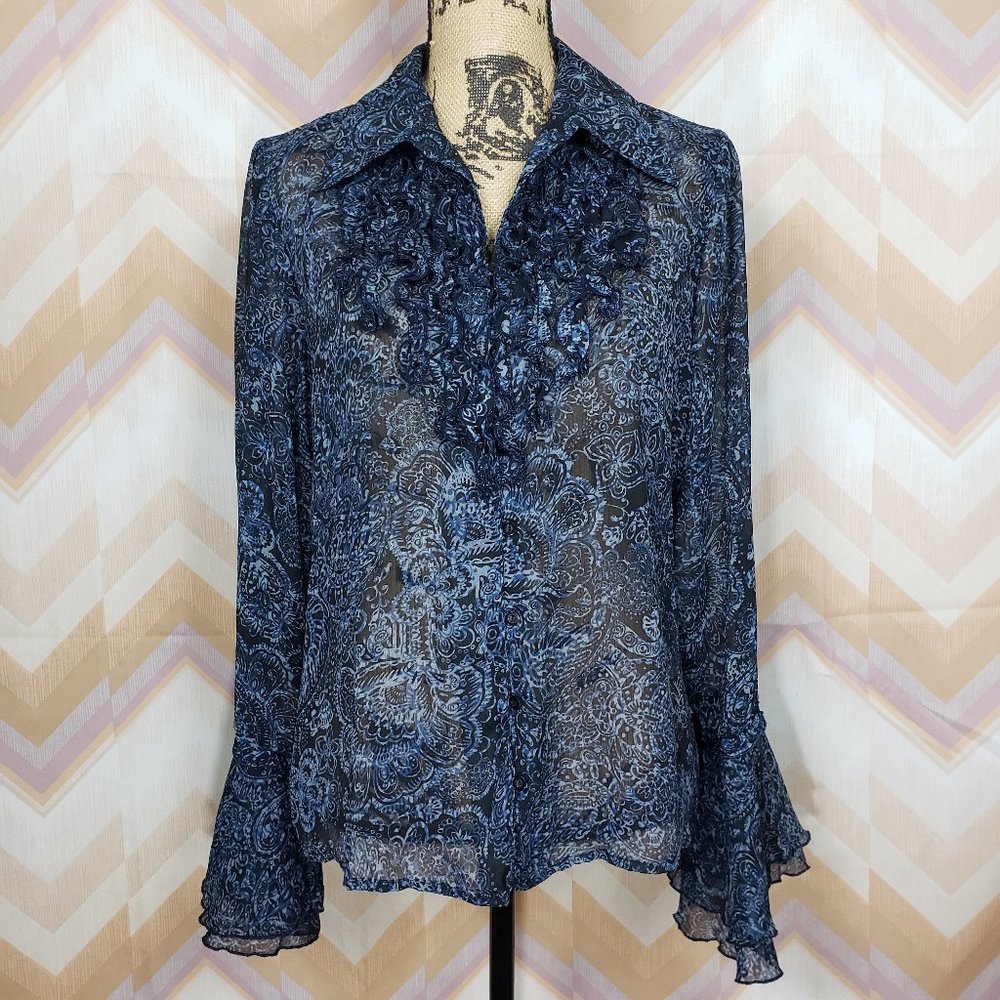 Chiffon ruffle bell sleeve button front blouse